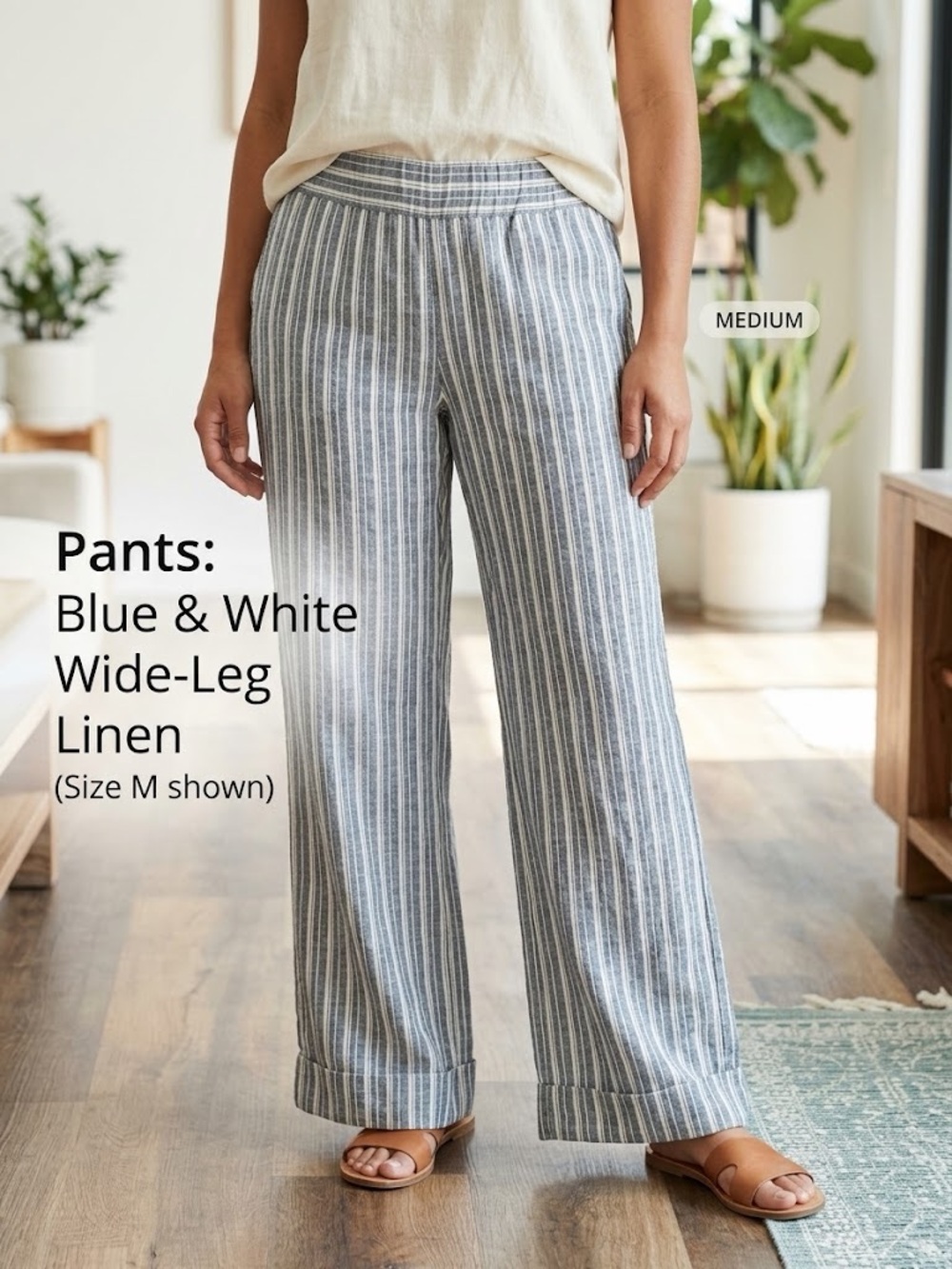 Striped Blue & White Wide-Leg Linen Blend Pants